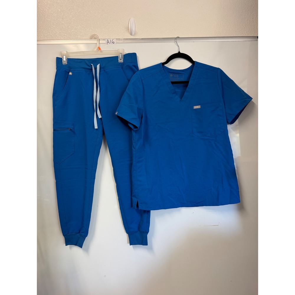 FIGS Technical Collection Scrub Royal Blue V-Neck Top M Jogger Pants S